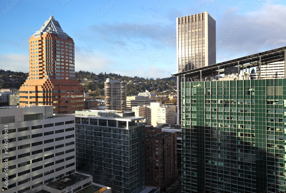 Obraz premium The city of Portland, Oregon, with the hills in the background.