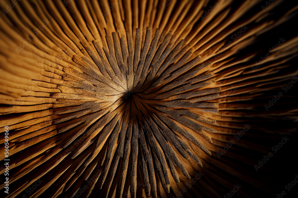 Naklejka premium Sunlight and shadows on the surface of wooden slats. Abstract wooden background made with a circle of incident light for background design with space to copy. Selective focus