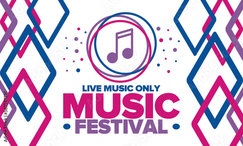 Music Festival. Live music show, musical performance. Summer outdoor concert. Fun event, vacation relaxation. Music bands, many stages and big crowd. Night club party. Vector poster with illustration