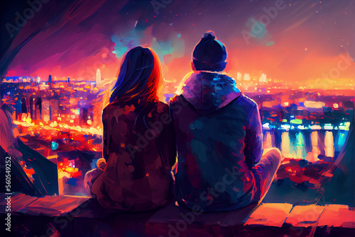 Generative AI Illustration of a loving couple watching the big city lights viewd from the back.  Valentines Day colorful backdrop oil painting digital art.