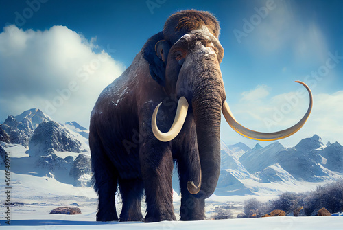 Generative AI Illustration of a furry old mammoth in snow with mountain landscape in the background. Prehistoric era digital art.. photo