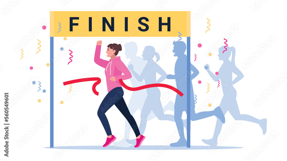 Vector illustration of race wins. Cartoon scene with a girl who ran first to the finish line in a long-distance race on white background. Victory, to reach the finish line first. Leadership. Vector illustration of race wins. Cartoon scene with a girl who ran first to the finish line in a long-distance race on white background. Victory, to reach the finish line first. Leadership.