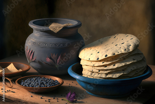 Tortillas are made in a clay pot using nixtamalized blue corn dough. Mexican meal that is typically made using dough. Generative AI photo