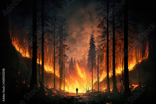 Wildfire burns ground in forest. Generative AI