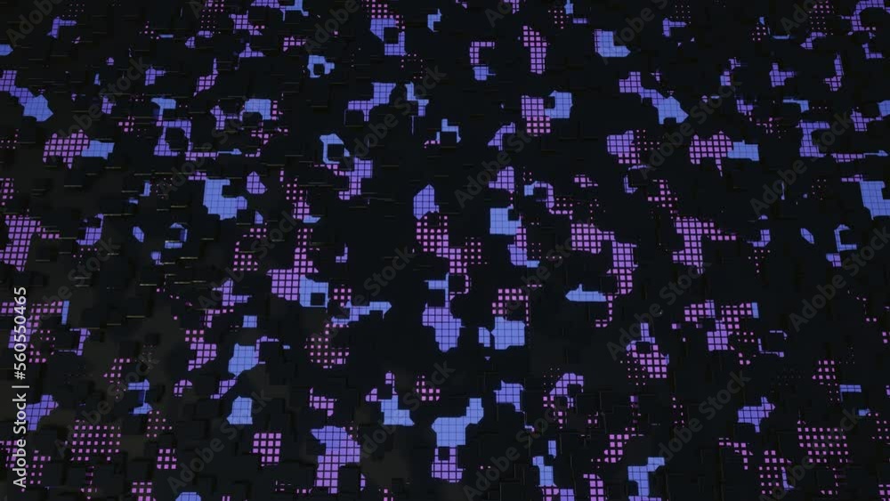 Hi tech pattern on plane surface, neon glow, complex elements and structure. 3d objects form sci fi composition on surface 3d pattern. 4k looped animation. Information technology, futuristic hardware Hi tech pattern on plane surface, neon glow, complex elements and structure. 3d objects form sci fi composition on surface 3d pattern. 4k looped animation. Information technology, futuristic hardware