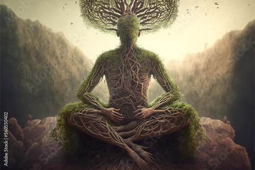 Trippy Meditation Under a Huge Tree - Phychedelic Spiritual Trip - Digital Illustration - Generative AI photo