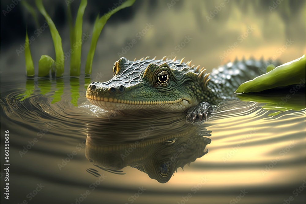 baby crocodile swims in the water - obrazy, fototapety, plakaty 