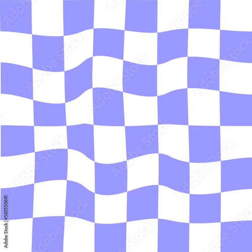 Distorted purple and white chessboard background. Crazy checkerboard texture. Chequered optical illusion. Psychedelic pattern with warped squares. Hypnotizing game