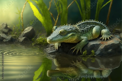 baby crocodile on the water shore