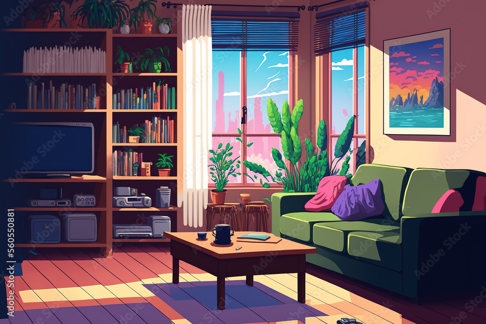 simple color living room, interior, anime background, manga style.  Generative AI Stock Illustration | Adobe Stock
