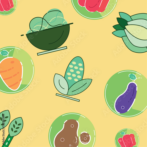 Fototapeta Naklejka Na Ścianę i Meble -  Seamless pattern background with vegan food icons Vector