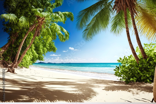 Beautiful tropical beach and sea in the natural landscape on a sunny day. beach space area sea. Generative AI © 2rogan