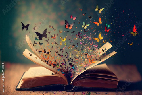 Fotobehang Ein offenes Buch, aus dem Schmetterlingen herausfliegen, ideal für Fantasy- und