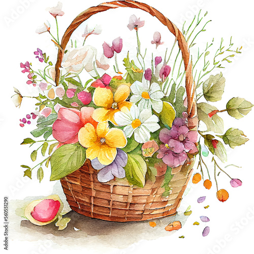 Cute watercolor basket with spring flowers photo