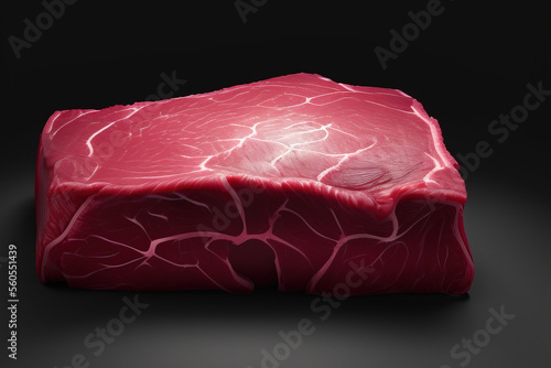 A piece of marble meat. Raw dry aged wagyu beef rump marble steak slice and piece as close-up on black background. photo