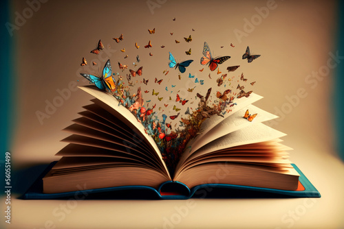 Ein offenes Buch, aus dem Schmetterlingen herausfliegen, ideal für Fantasy- und Literaturhintergründe - AI generiert © Sarah