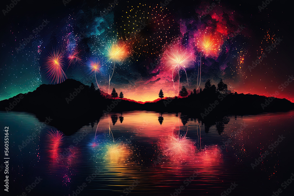 a background of black sky with colorful fireworks over water. Generative AI