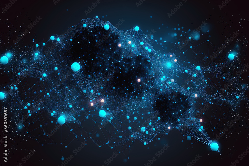 Abstract connected dots on a background of intense blue. technological idea. Generative AI
