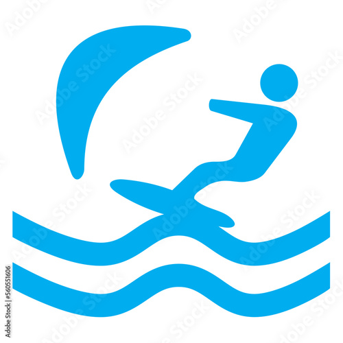 Blue and white vector graphic of a map symbol for board based water activities. It consists of a blue silhouette of a windsurfer on a white background