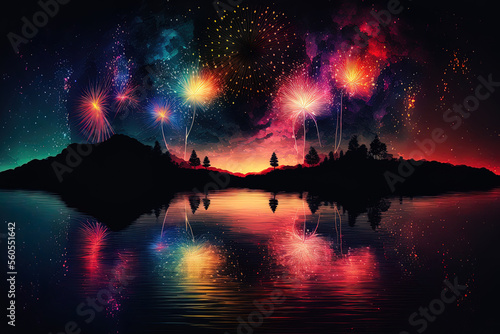 a background of black sky with colorful fireworks over water. Generative AI