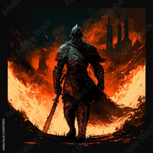 Caballero con armadura y espada con un fondo de fuego