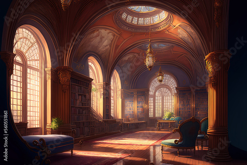 the library s ancient  opulent hall. Beautiful ceremony space with arching ceilings  illumination inside  and exquisite vintage furnishings. illustration. Generative AI