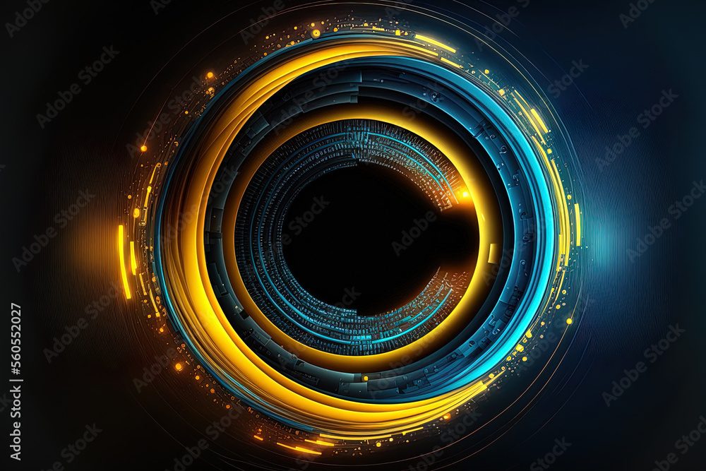 Blue and yellow abstract circular interface background. Generative AI - obrazy, fototapety, plakaty 