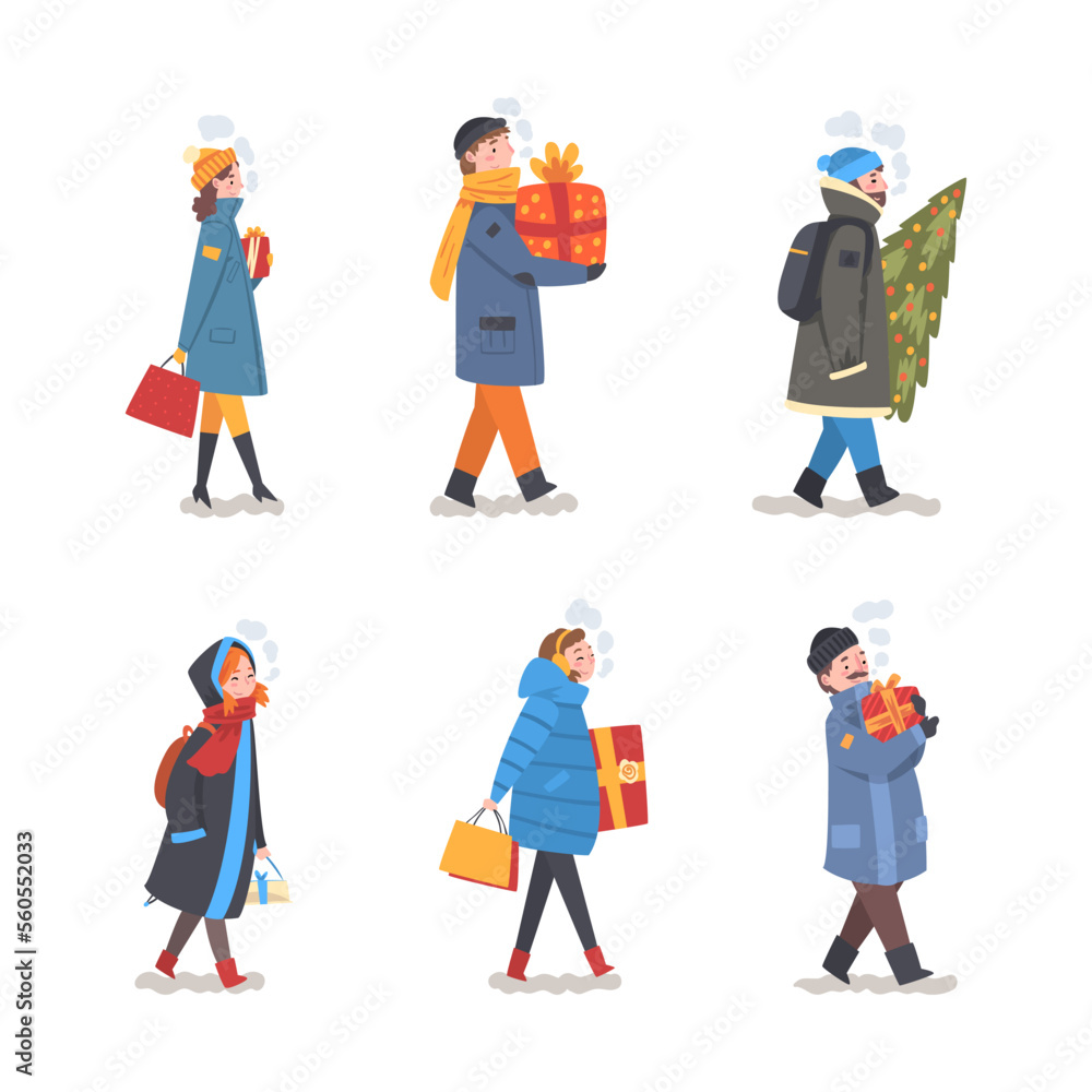 Set of people in warm winter clothes carrying gift boxes and fir tree. Christmas and New year cartoon vector illustration Set of people in warm winter clothes carrying gift boxes and fir tree. Christmas and New year cartoon vector illustration