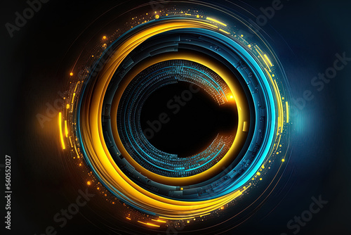 Blue and yellow abstract circular interface background. Generative AI
