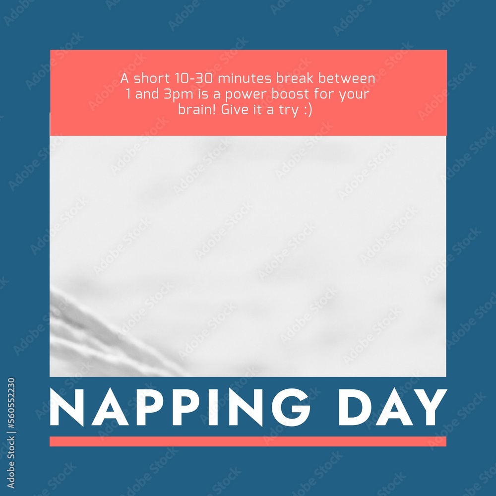 Composition of national napping day text over white and blue background