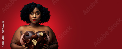 plus-size african american women holding a heart shaped chocolate box on a red background, generative ai