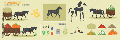 Black Horse and cart ready to animate with multiple poses accessories. farmers market interchangeable accessories  Vector file labelled ready to rig. Horse pulling cart