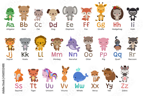 Kawaii animal alphabet. Cartoon animals English alphabet poster. Baby style cute fun characters - adorable wild animals, letters and words. Abc learning print for kids. Children vector illustration. © Cute Design