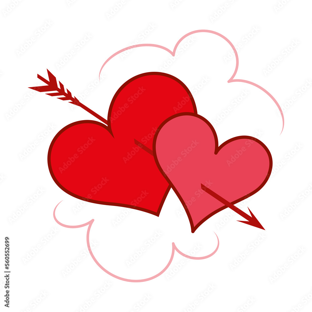 Two Hearts pierced by an Arrow. Symbol of love, Valentines Day greeting card. Flat image, isolated, white background. Two Hearts pierced by an Arrow. Symbol of love, Valentines Day greeting card. Flat image, isolated, white background.