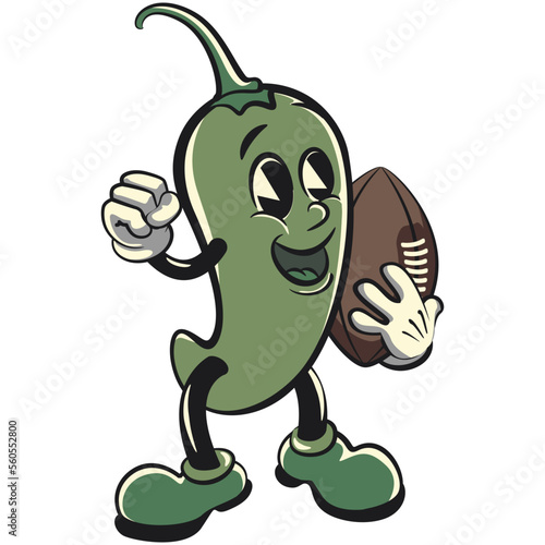 vector vintage illustration of green chili mascot cartoon character playing american football