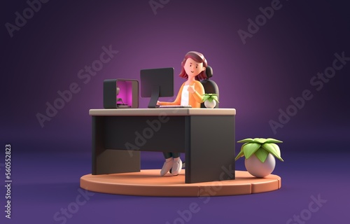 Woman Playing with Computer. 3D Illustration