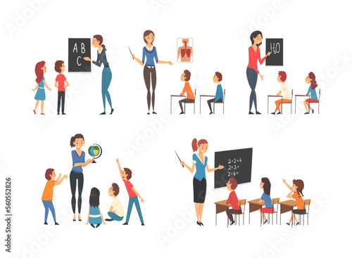 Female teachers teaching kids at math, geography, biology lessons list. School education concept cartoon vector illustration i