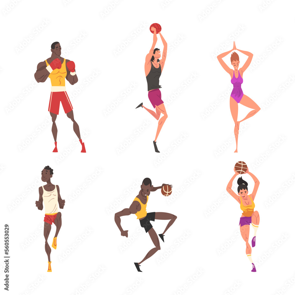 Professional athletes doing sports set. Male and female characters boxing, playing basketball, volleyball and doing yoga cartoon vector illustration
