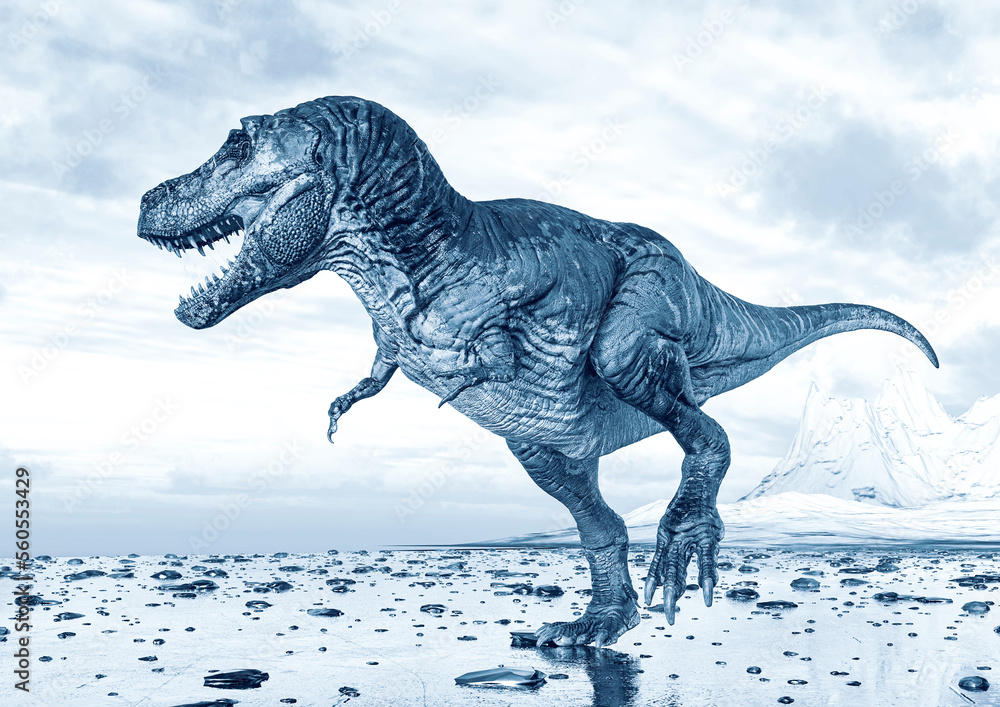Fototapeta premium tyrannosaurus rex is walking on ice land side view