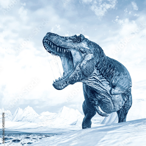 tyrannosaurus rex is angy on ice land side view