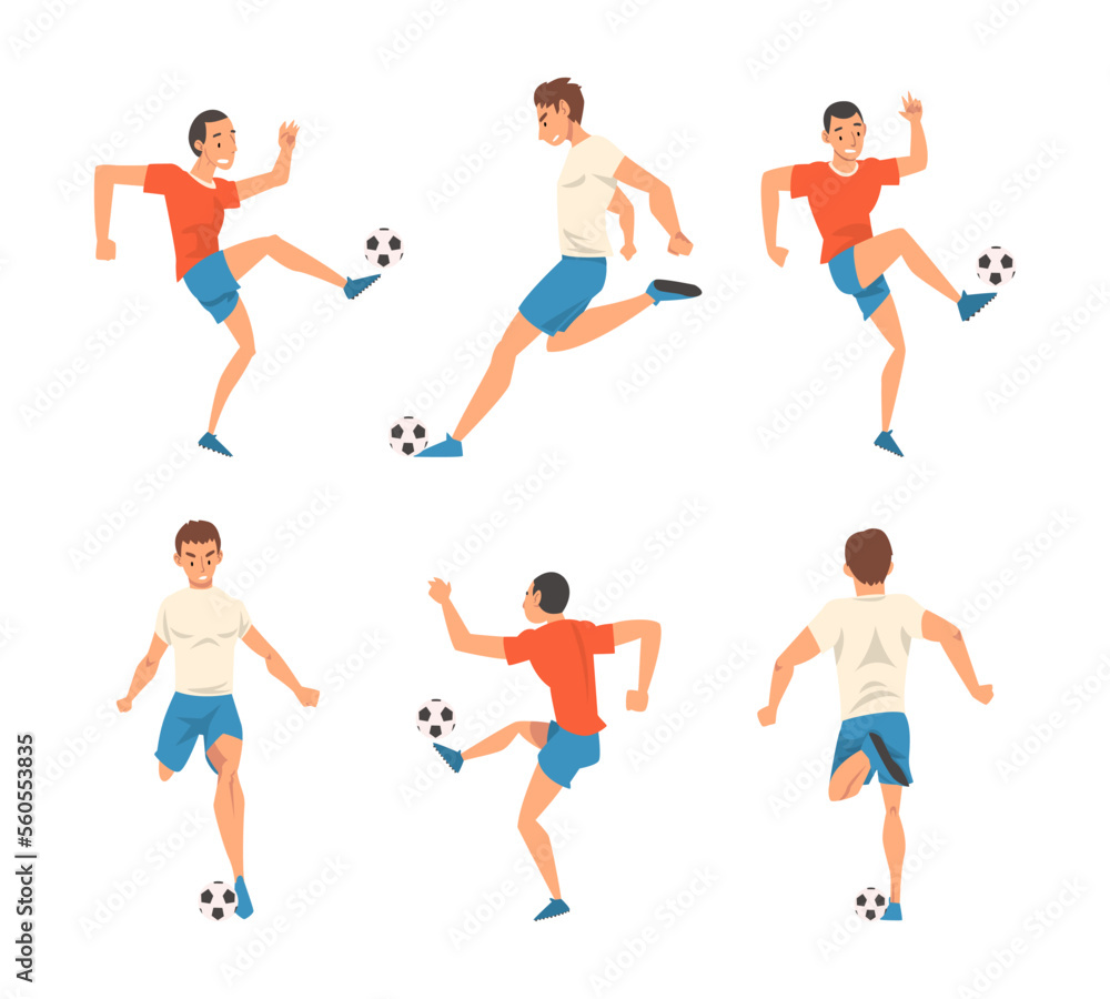 Professional athlete play soccer set. Football player in sports uniform running and kicking ball cartoon vector illustration
