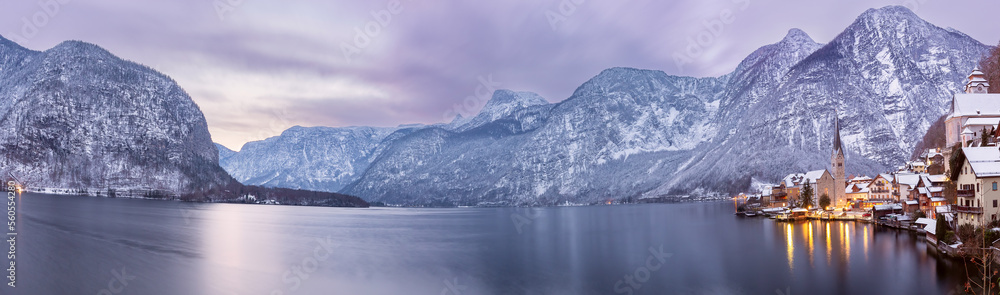Hallstatt. Panoramic view of the mountains and Hallstattersee lake in the early morning.