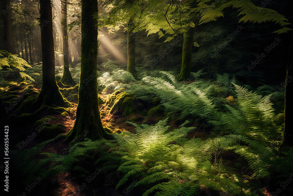 Fototapeta premium Sunlight filtering through a natural forest of beech trees with ground covering ferns. Generative AI
