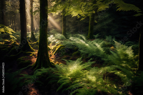 Sunlight filtering through a natural forest of beech trees with ground covering ferns. Generative AI