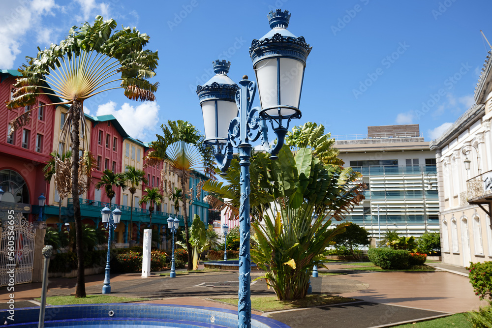 Blue sky, palms and street lamp in Fort de France, Martinique Island