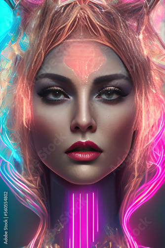 Portrait of a woman with makeup and neon lights - gorgeous cyberpunk goddess - illustration - fantasy - science fiction