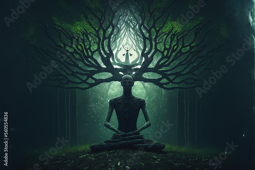 Trippy Meditation Under a Huge Tree - Phychedelic Spiritual Trip - Digital Illustration - Generative AI photo