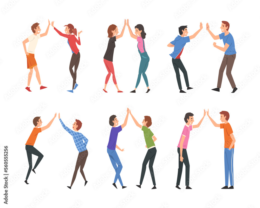 Fototapeta premium Set of happy people giving high five. Cheerful colleagues or friends metting, celebrating goal achievement cartoon vector illustration