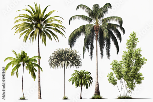 palm and coconut trees Collection of trees on a white backdrop  isolated. Summertime growth results in large trees with large trunks. Generative AI