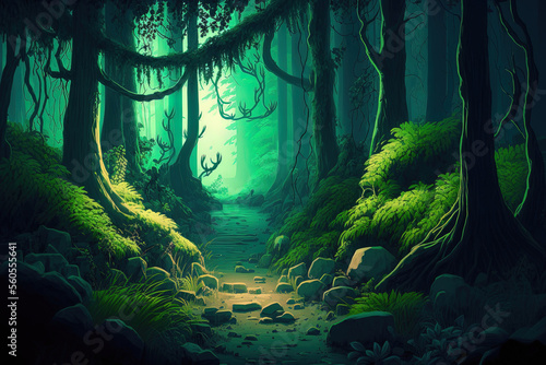 Deep Woods Imaginary Background. concept painting Illustration that is realistic. Digital CG Artwork Background for video games. scenery in nature. Generative AI